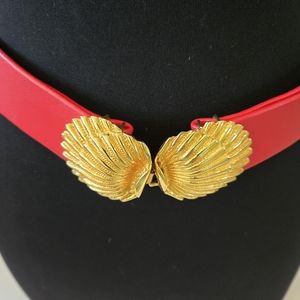 Vintage Statement Belt Seashell Buckle Dotty Smith Red Leather Adj Gold Clasp